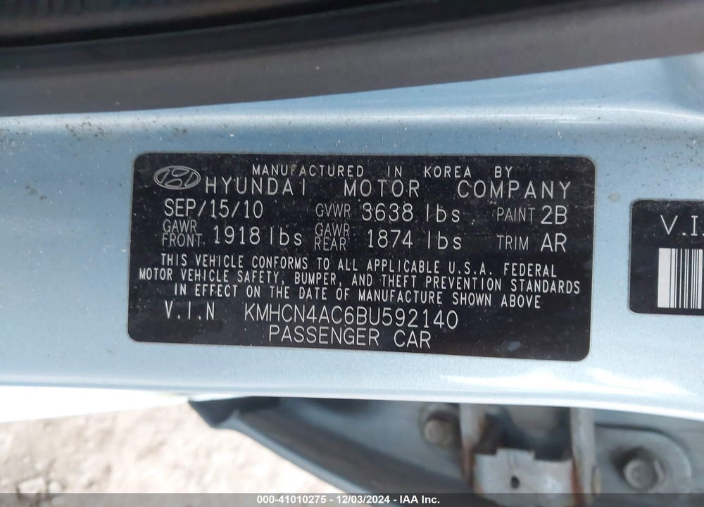 2011 HYUNDAI ACCENT GLS VIN: KMHCN4AC6BU592140