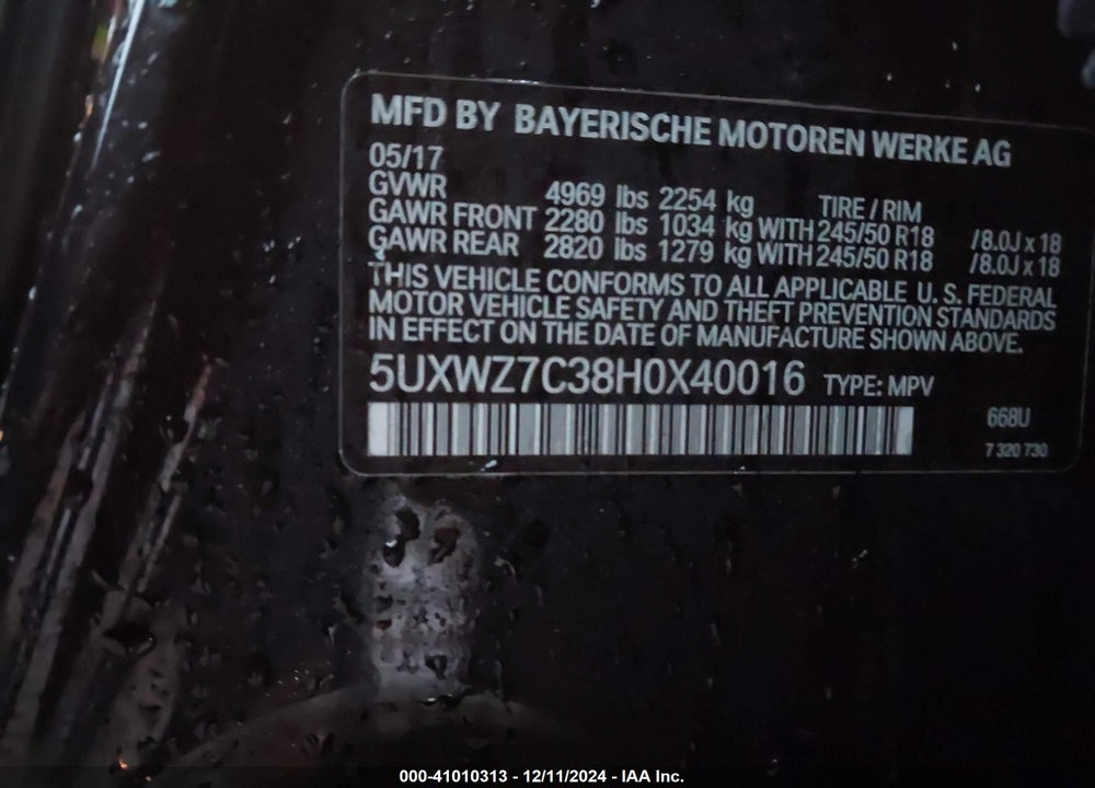 2017 BMW X3 SDRIVE28I VIN: 5UXWZ7C38H0X40016