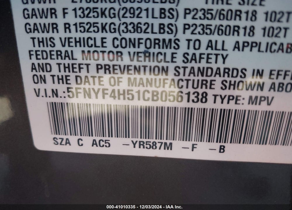2012 HONDA PILOT EX-L VIN: 5FNYF4H51CB056138