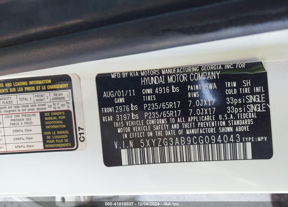 2012 HYUNDAI SANTA FE GLS VIN: 5XYZG3AB9CG094043