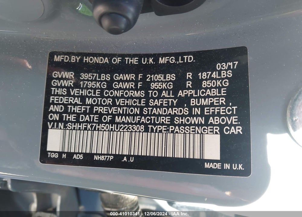 2017 HONDA CIVIC EX VIN: SHHFK7H50HU223308