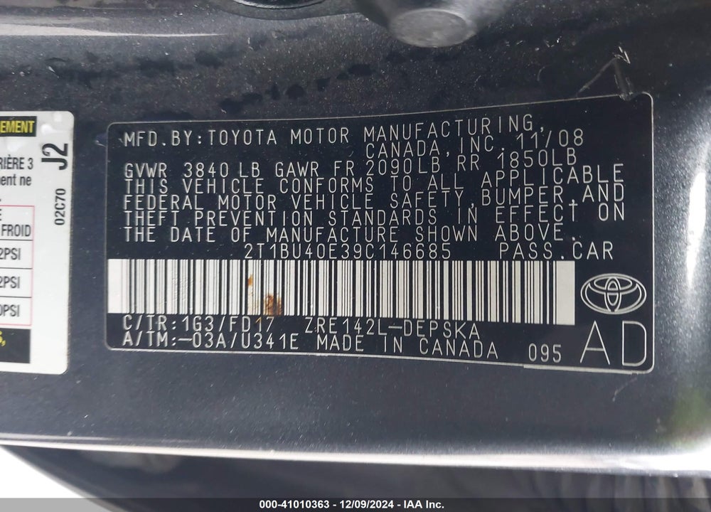 2009 TOYOTA COROLLA S VIN: 2T1BU40E39C146685