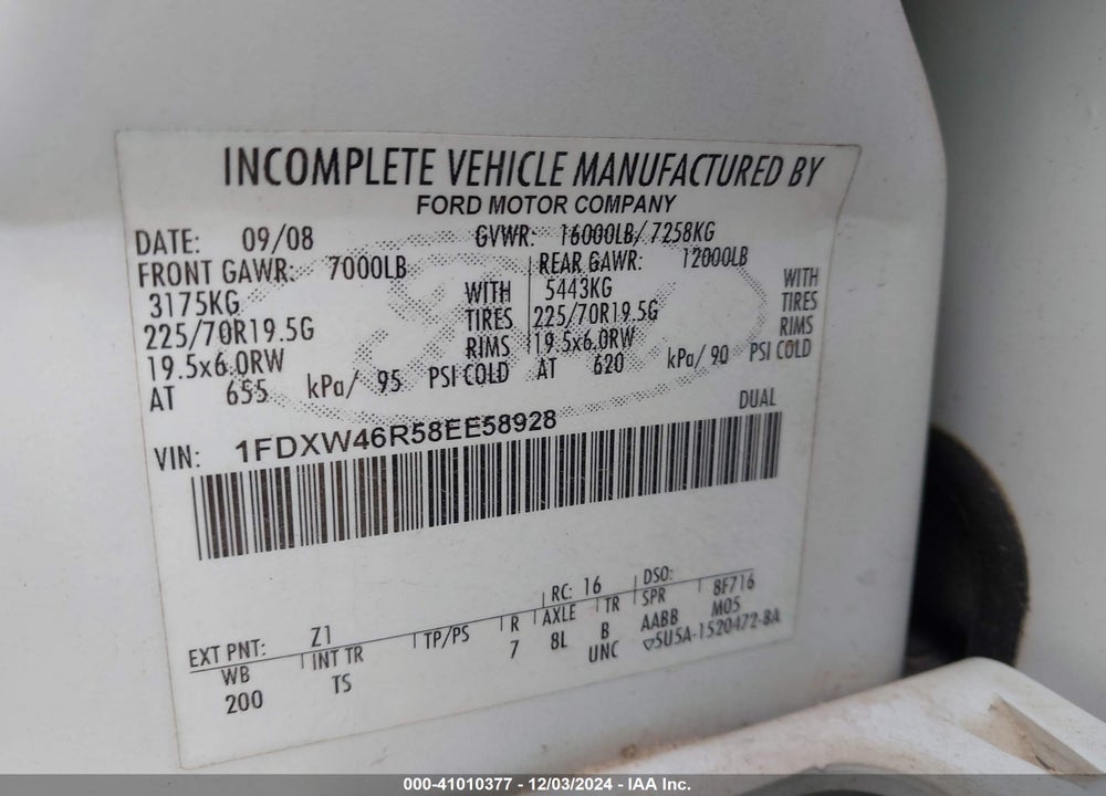 2008 FORD F-450 CHASSIS LARIAT/XL/XLT VIN: 1FDXW46R58EE58928