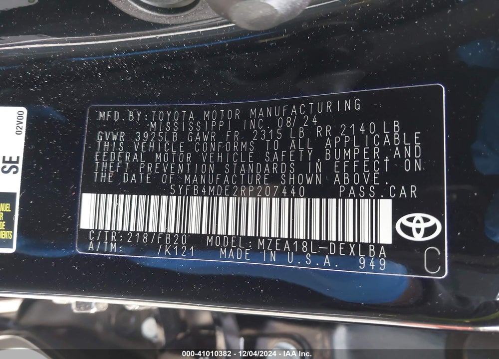 2024 TOYOTA COROLLA VIN: 5YFB4MDE2RP207440