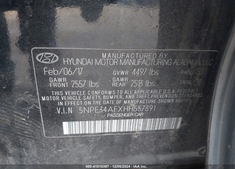 2017 HYUNDAI SONATA SPORT VIN: 5NPE34AFXHH557391