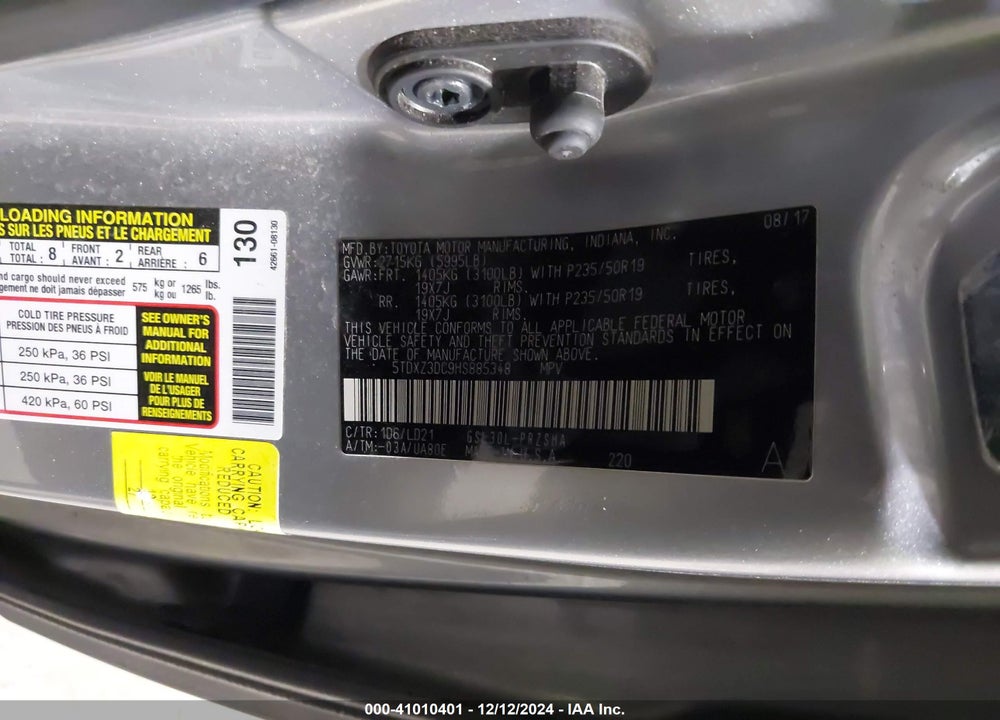 2017 TOYOTA SIENNA SE VIN: 5TDXZ3DC9HS885348