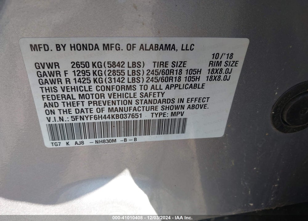 2019 HONDA PILOT EX-L VIN: 5FNYF6H44KB037651