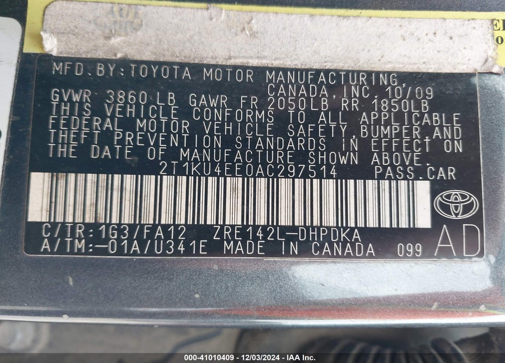 2010 TOYOTA MATRIX VIN: 2T1KU4EE0AC297514