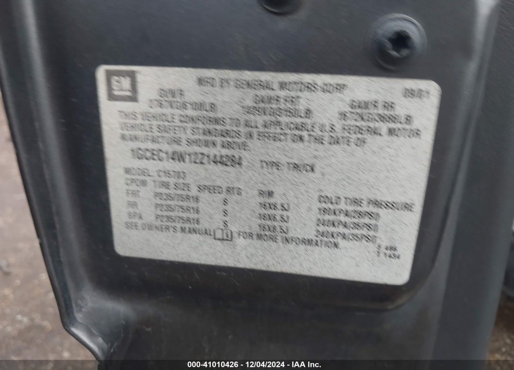 2002 CHEVROLET SILVERADO 1500 VIN: 1GCEC14W12Z144284