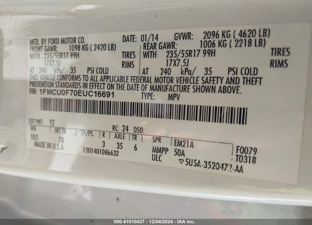 2014 FORD ESCAPE S VIN: 1FMCU0F70EUC16691