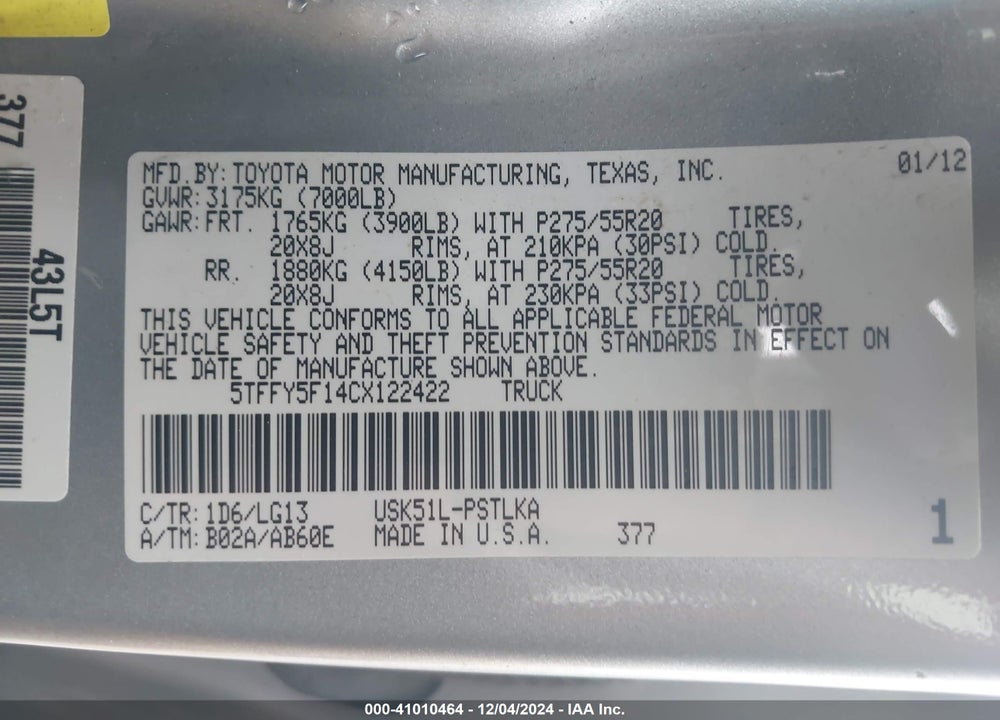 2012 TOYOTA TUNDRA LIMITED 5.7L V8 VIN: 5TFFY5F14CX122422