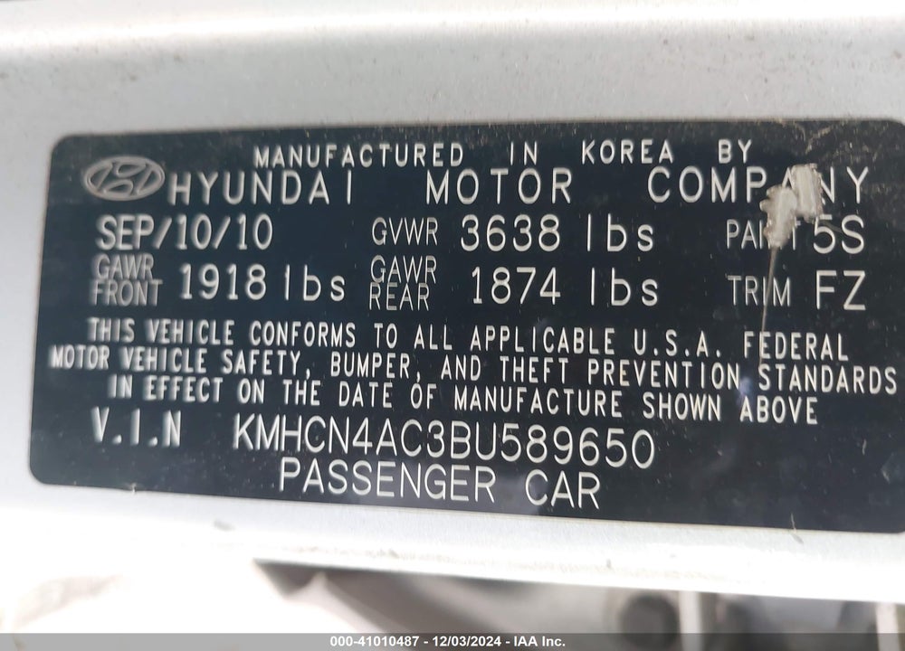 2011 HYUNDAI ACCENT VIN: KMHCN4AC3BU589650