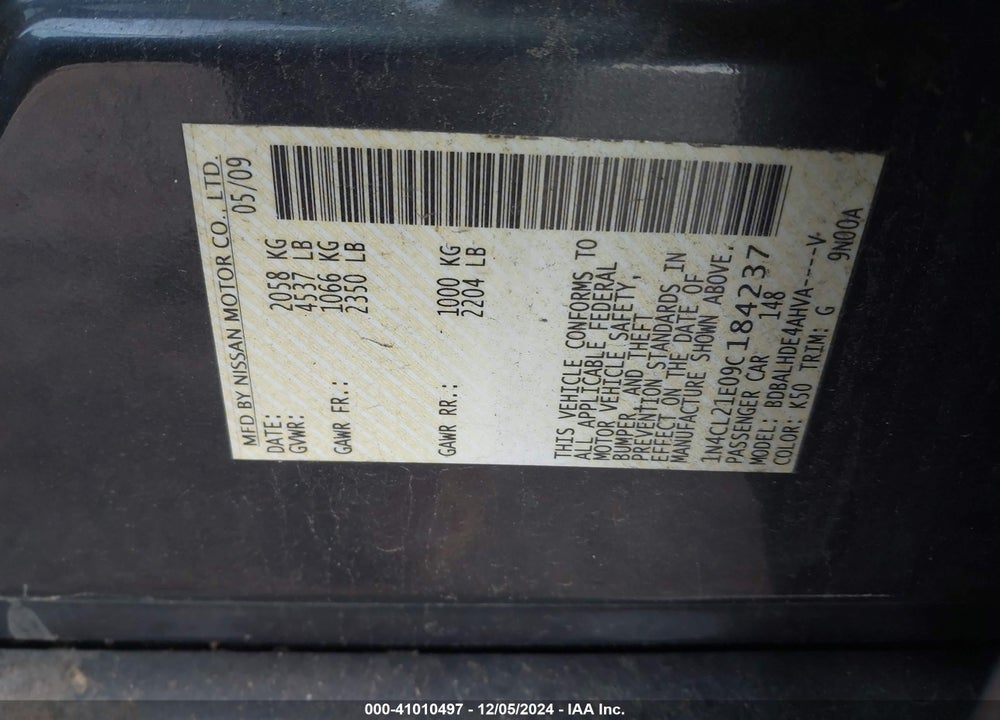 2009 NISSAN ALTIMA HYBRID VIN: 1N4CL21E09C184237