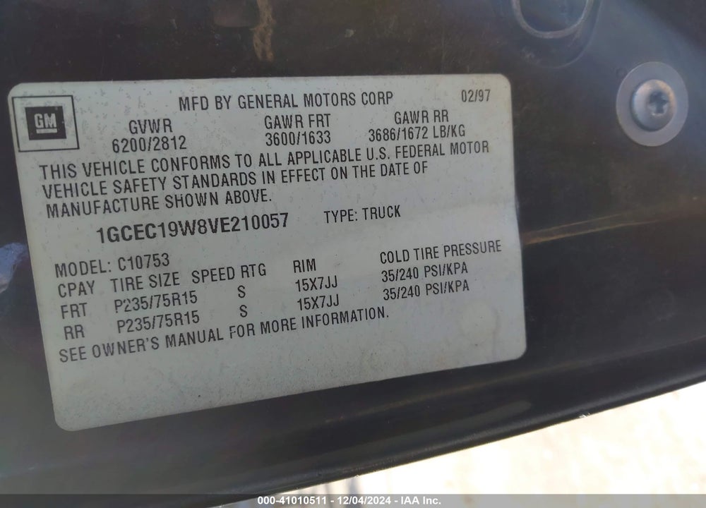 1997 CHEVROLET C1500 FLEETSIDE VIN: 1GCEC19W8VE210057