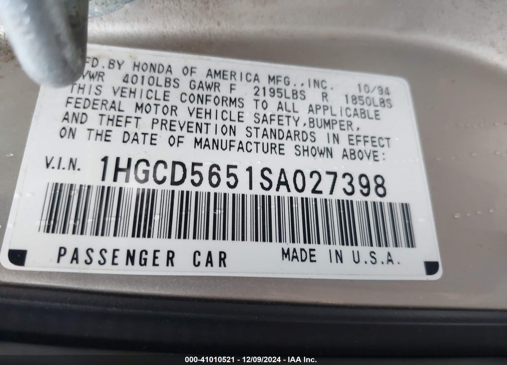 1995 HONDA ACCORD EX VIN: 1HGCD5651SA027398