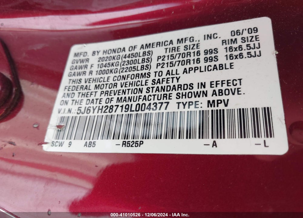 2009 HONDA ELEMENT EX VIN: 5J6YH28719L004377