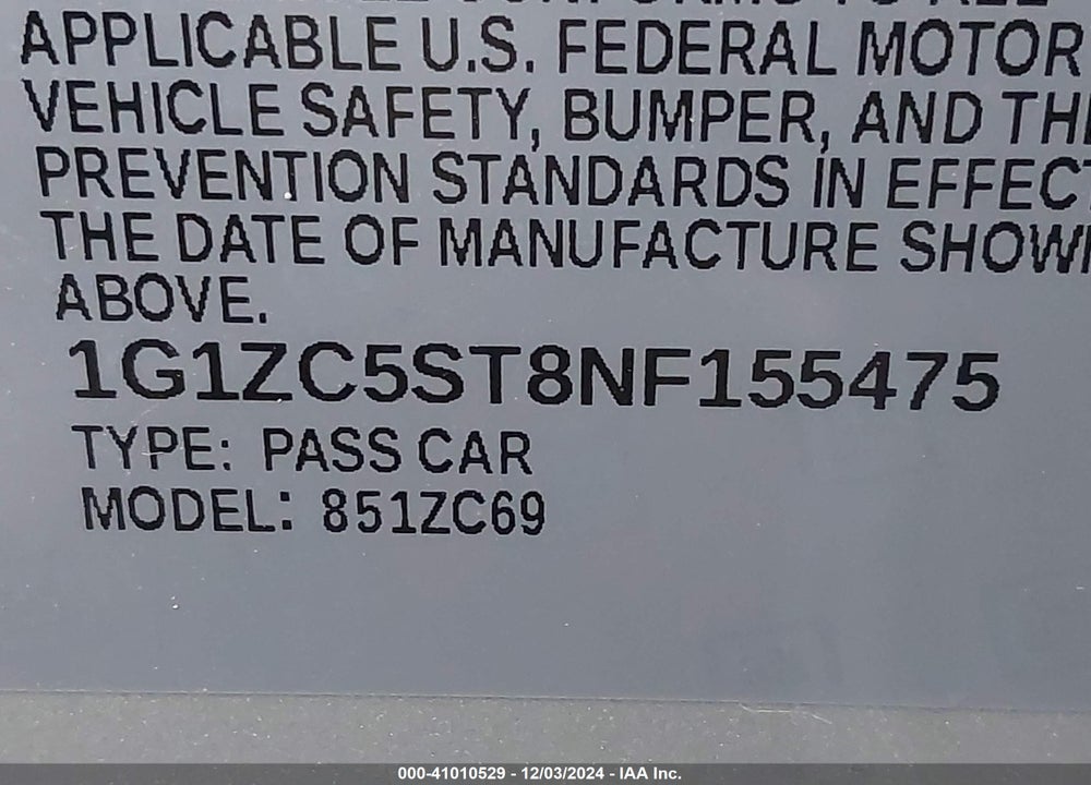 2022 CHEVROLET MALIBU FWD 1FL VIN: 1G1ZC5ST8NF155475