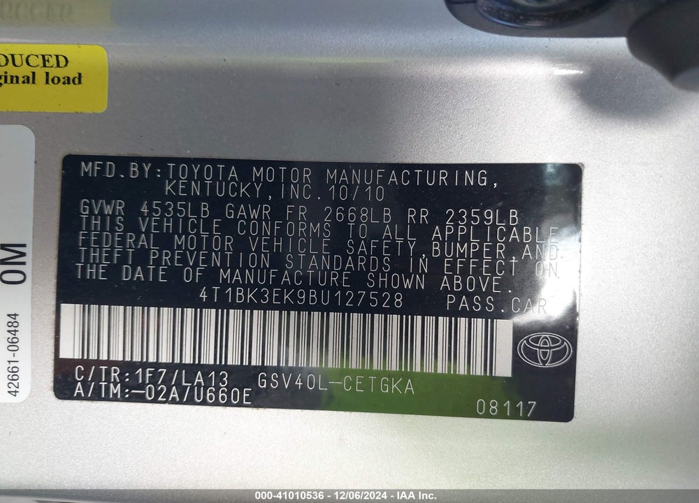 2011 TOYOTA CAMRY XLE V6 VIN: 4T1BK3EK9BU127528