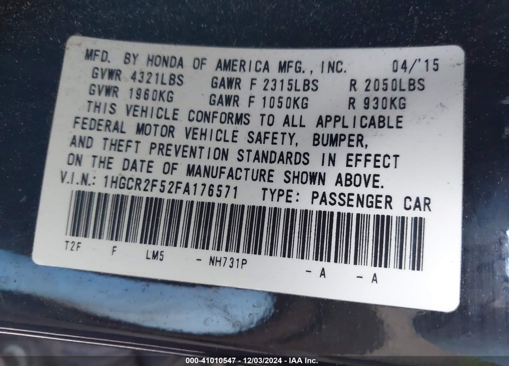 2015 HONDA ACCORD SPORT VIN: 1HGCR2F52FA176571