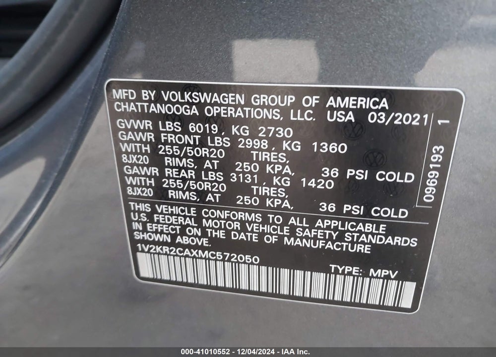 2021 VOLKSWAGEN ATLAS VIN: 1V2KR2CAXMC572050