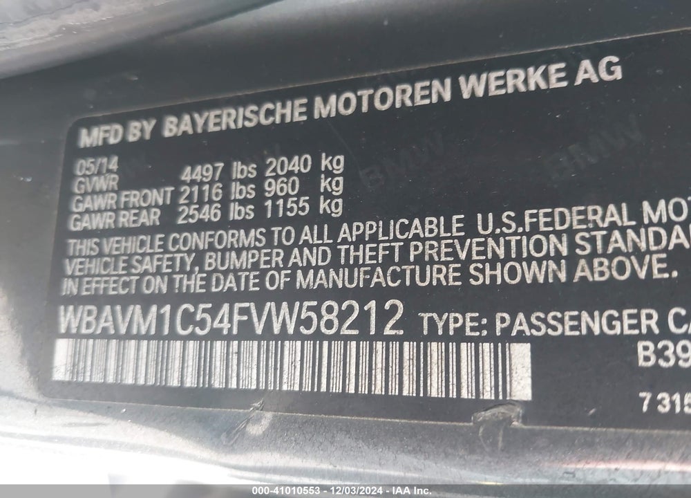 2015 BMW X1 SDRIVE28I VIN: WBAVM1C54FVW58212