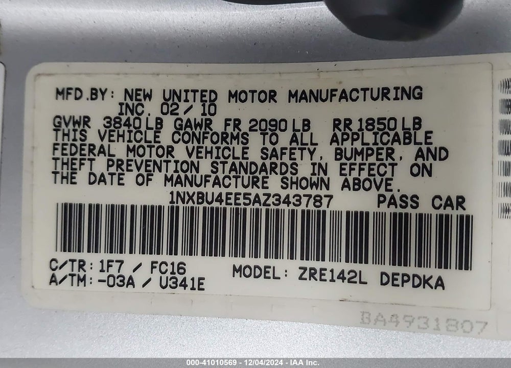 2010 TOYOTA COROLLA VIN: 1NXBU4EE5AZ343787