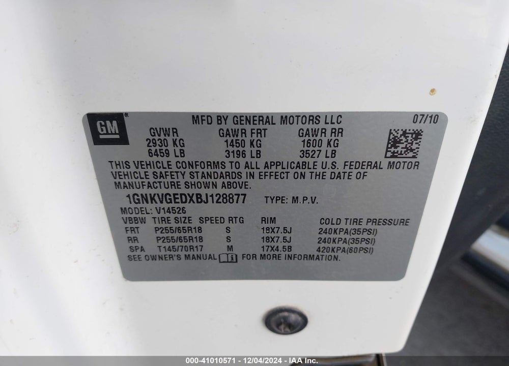2011 CHEVROLET TRAVERSE 1LT VIN: 1GNKVGEDXBJ128877
