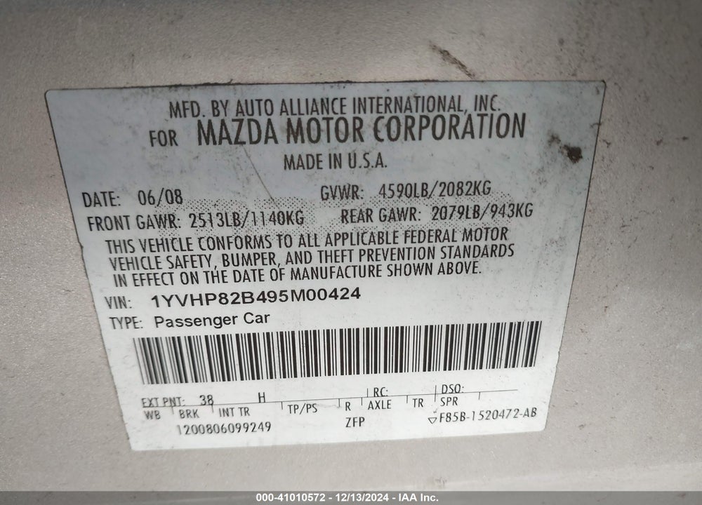 2009 MAZDA 6 S GRAND TOURING VIN: 1YVHP82B495M00424