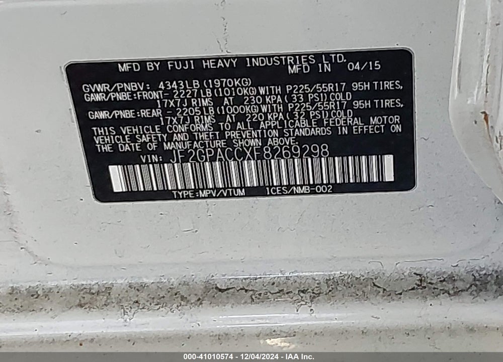 2015 SUBARU XV CROSSTREK 2.0I PREMIUM VIN: JF2GPACCXF8269298