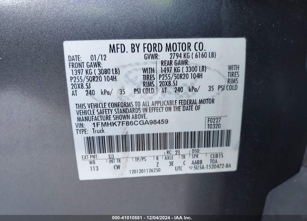 2012 FORD EXPLORER LIMITED VIN: 1FMHK7F86CGA98459