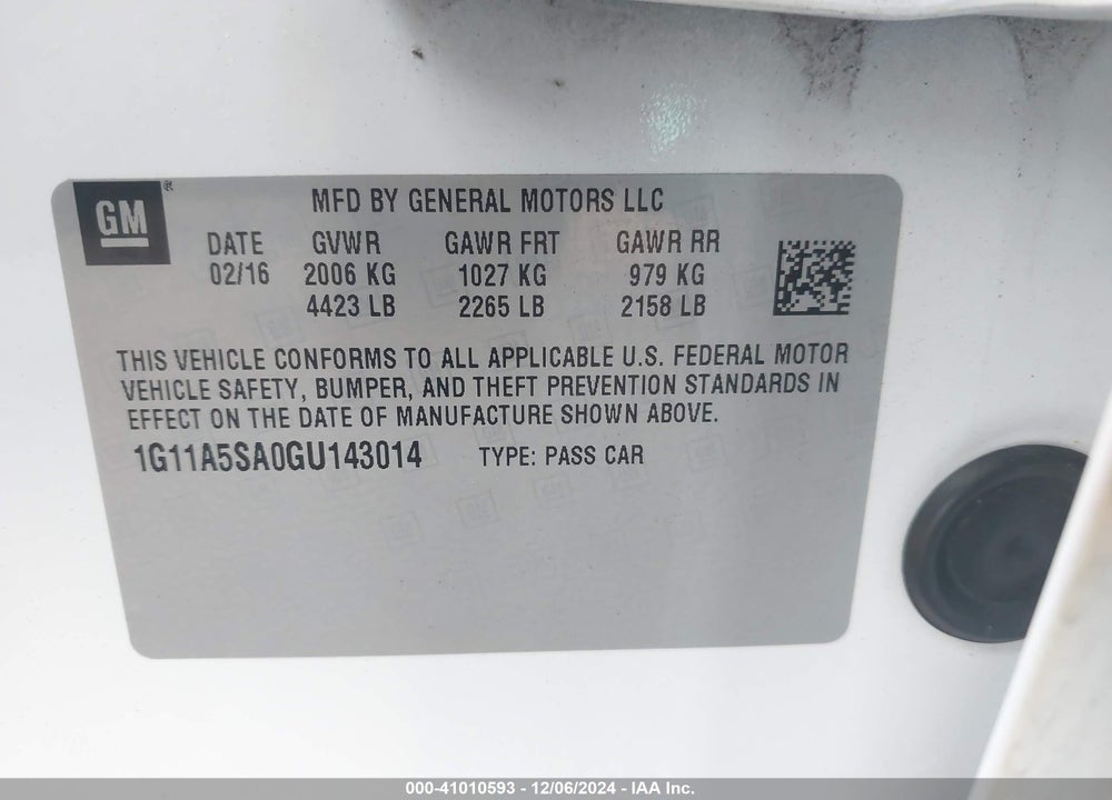2016 CHEVROLET MALIBU LIMITED 1FL VIN: 1G11A5SA0GU143014
