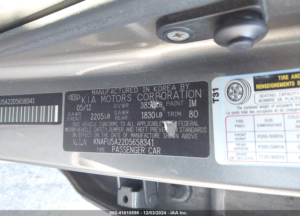 2013 KIA FORTE EX VIN: KNAFU5A22D5658341