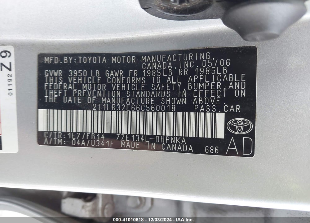 2006 TOYOTA MATRIX/XR VIN: 2T1LR32E66C560018