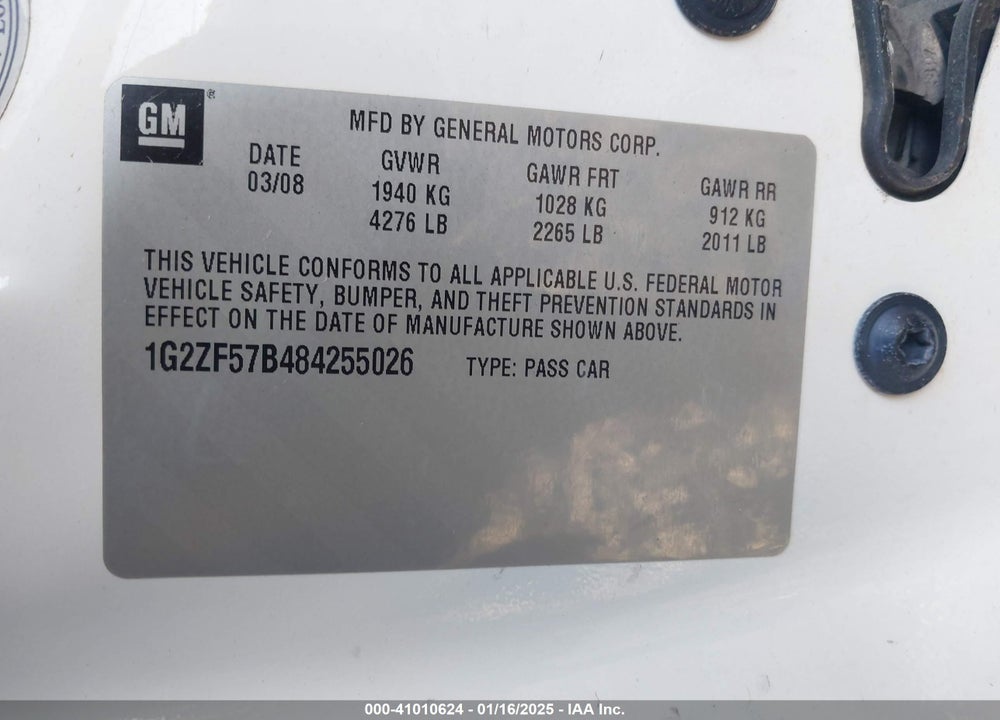 2008 PONTIAC G6 VALUE LEADER VIN: 1G2ZF57B484255026