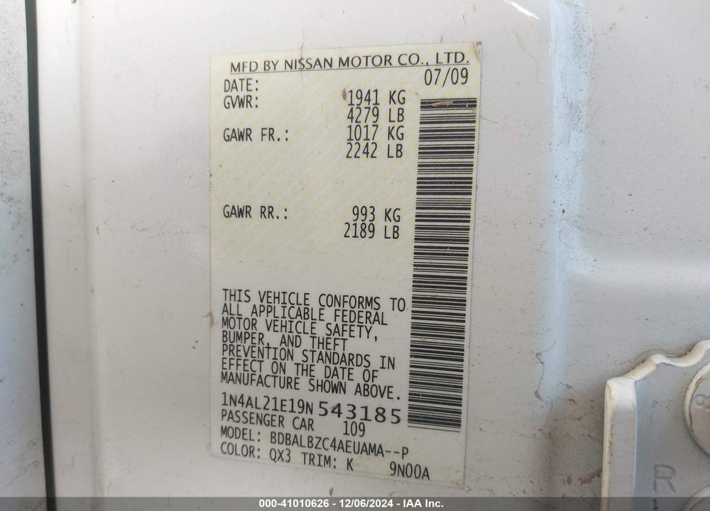 2009 NISSAN ALTIMA 2.5 S VIN: 1N4AL21E19N543185
