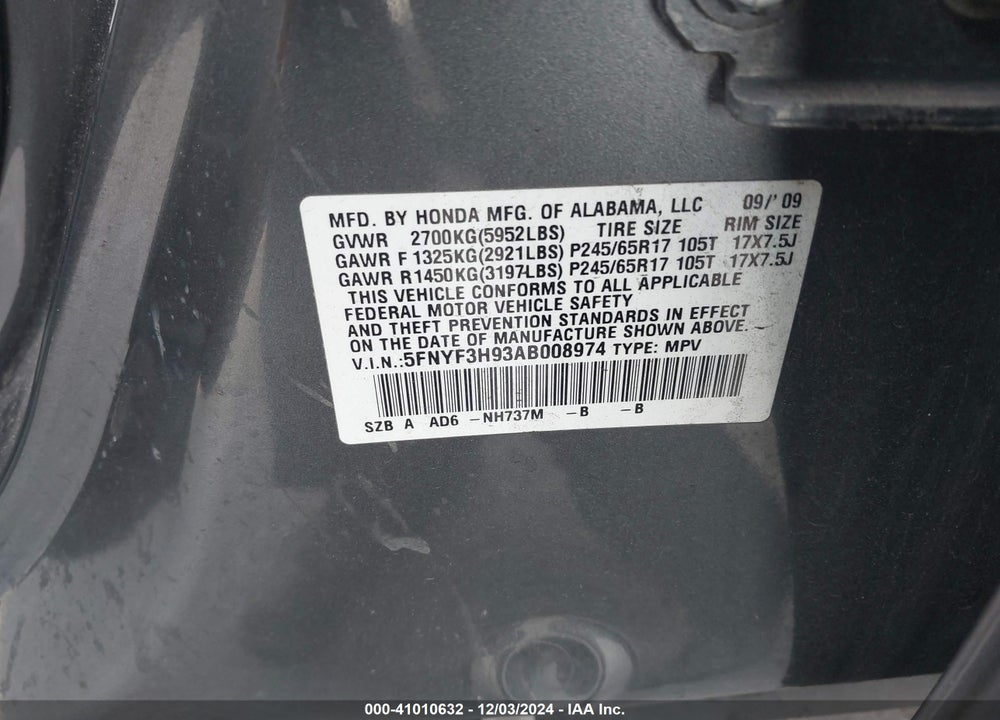 2010 HONDA PILOT TOURING VIN: 5FNYF3H93AB008974