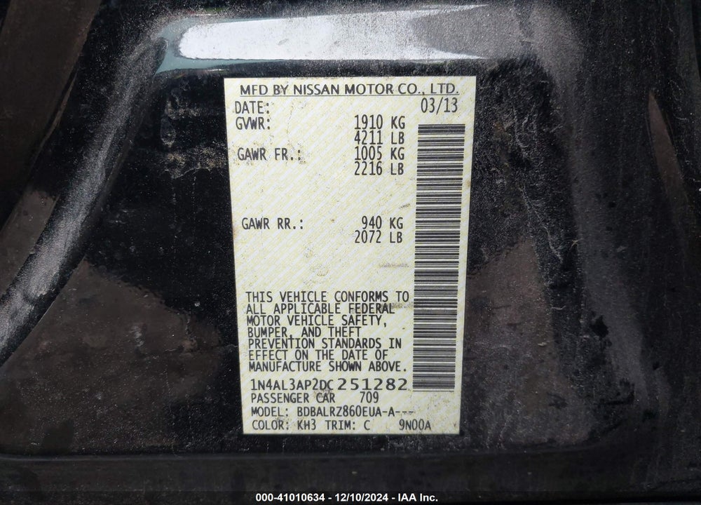 2013 NISSAN ALTIMA 2.5 S VIN: 1N4AL3AP2DC251282