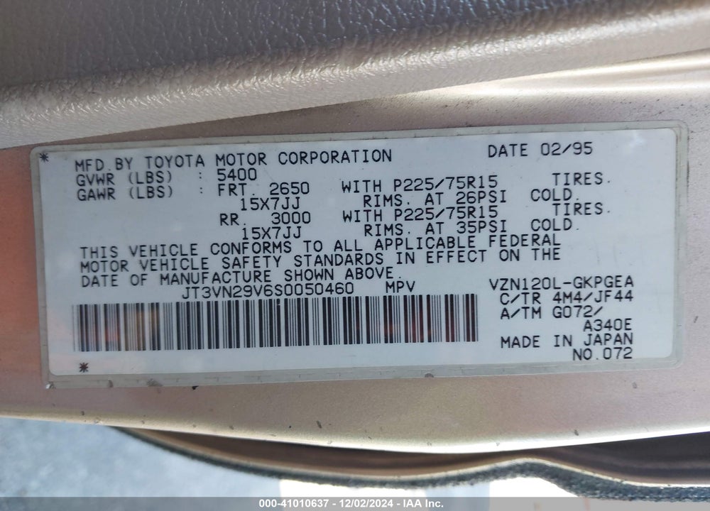 1995 TOYOTA 4RUNNER VN29 SR5 VIN: JT3VN29V6S0050460