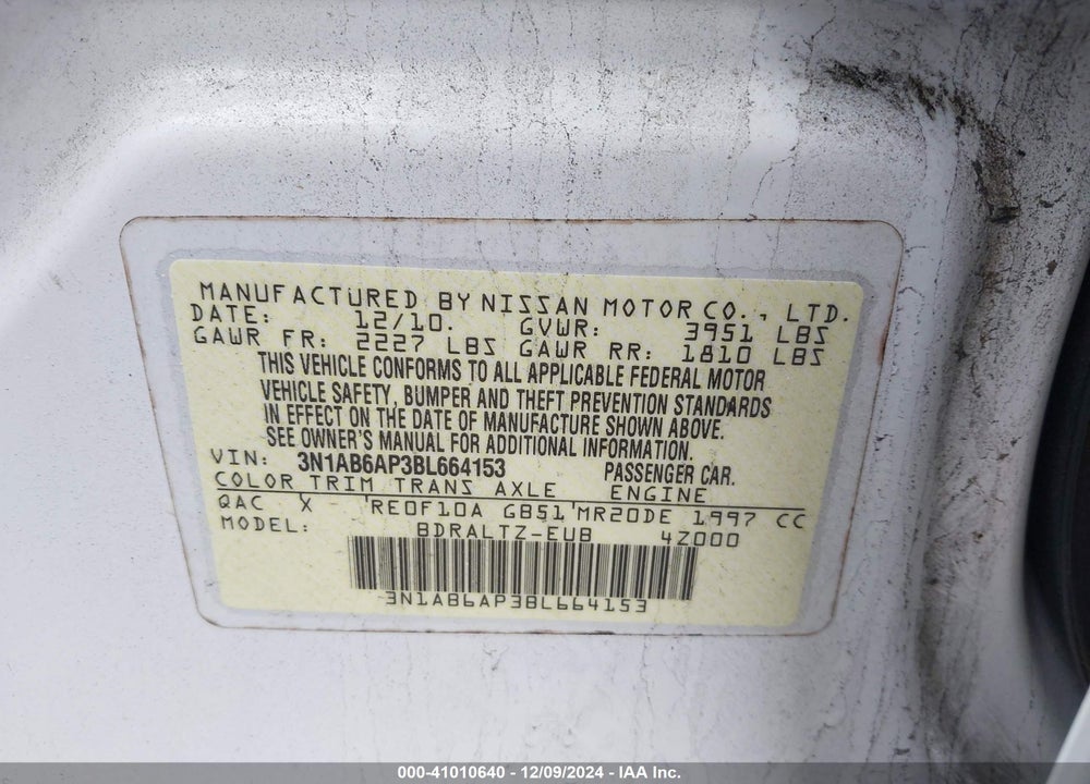 2011 NISSAN SENTRA 2.0SR VIN: 3N1AB6AP3BL664153