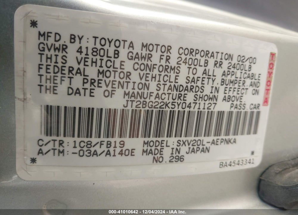 2000 TOYOTA CAMRY LE VIN: JT2BG22K5Y0471127