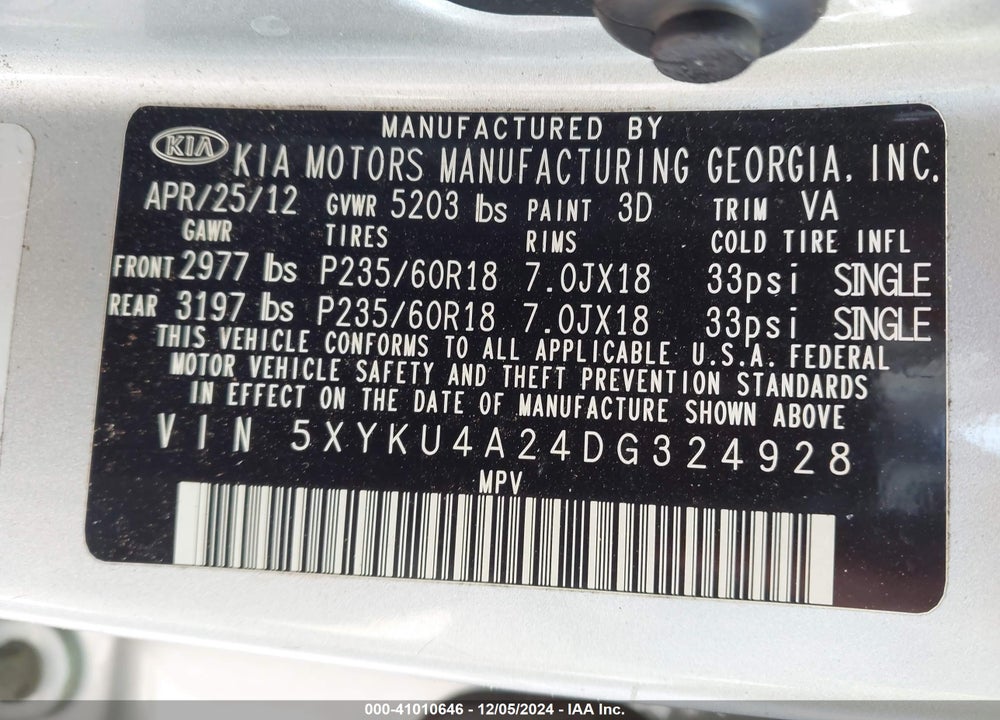 2013 KIA SORENTO EX V6 VIN: 5XYKU4A24DG324928