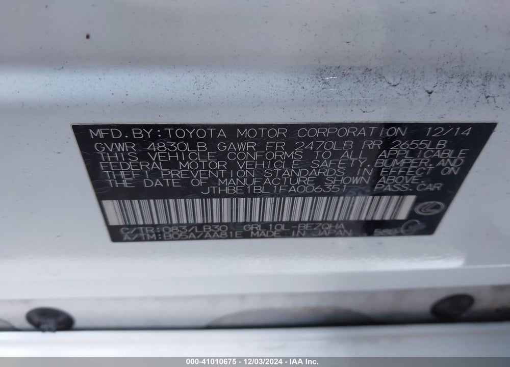 2015 LEXUS GS 350 VIN: JTHBE1BL1FA006351