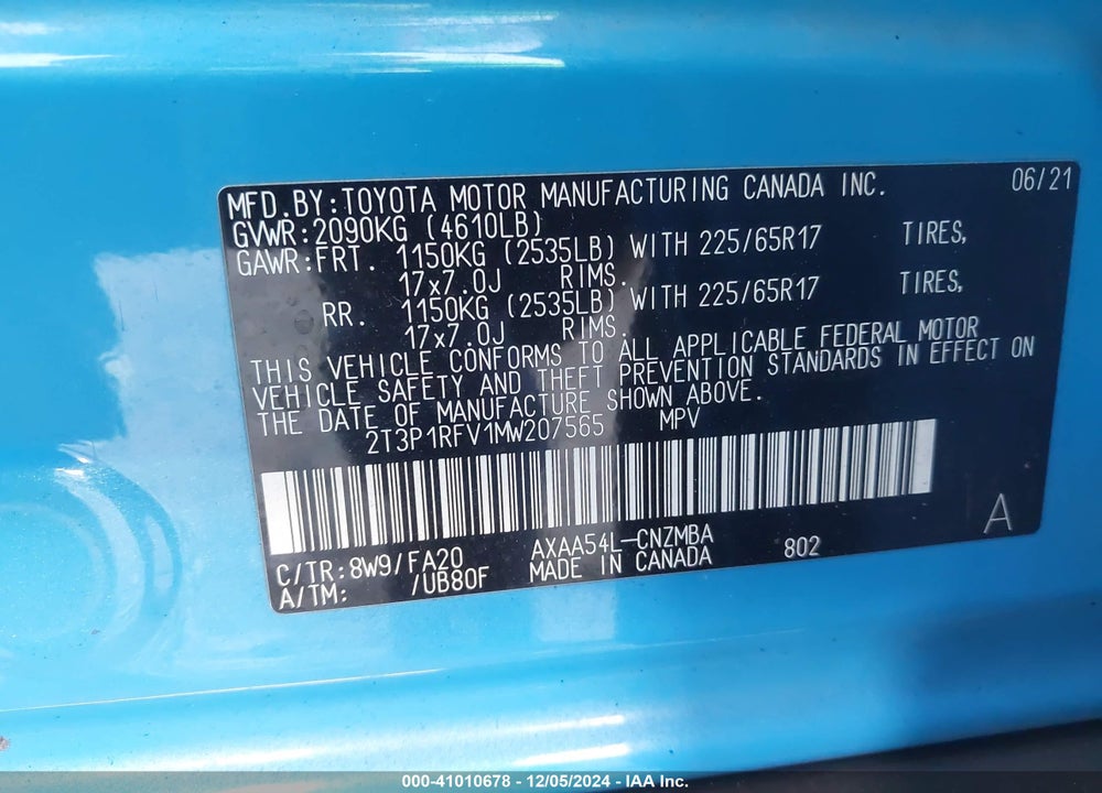 2021 TOYOTA RAV4 XLE VIN: 2T3P1RFV1MW207565