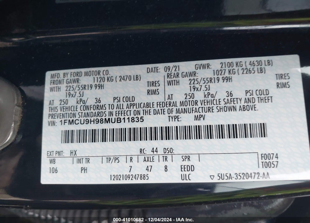 2021 FORD ESCAPE SEL VIN: 1FMCU9H98MUB11835