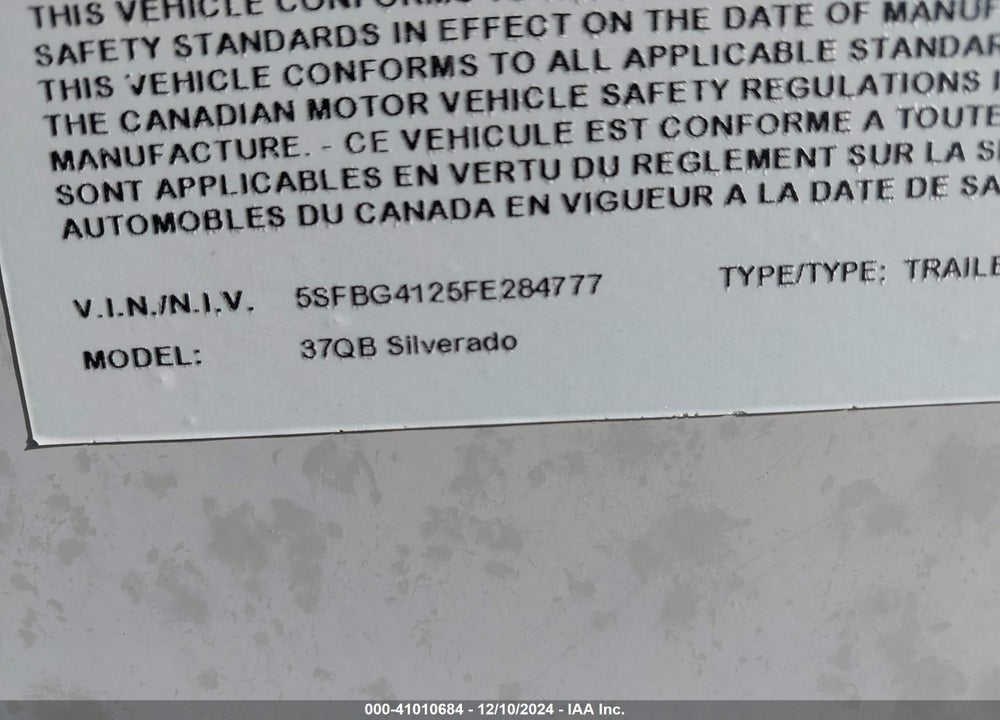 2015 HEARTLAND RV SILVERADO 37QB VIN: 5SFBG4125FE284777