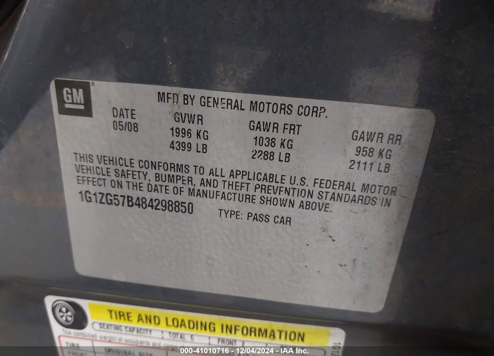 2008 CHEVROLET MALIBU LS VIN: 1G1ZG57B484298850