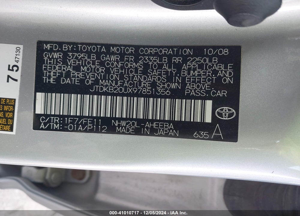 2009 TOYOTA PRIUS VIN: JTDKB20UX97851356