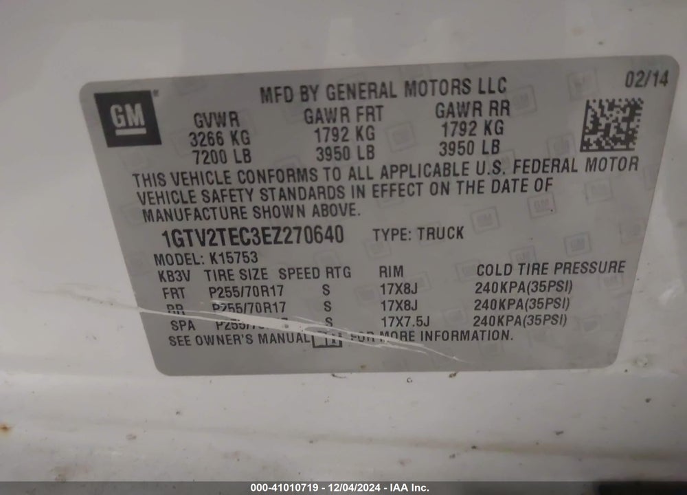 2014 GMC SIERRA VIN: 1GTV2TEC3EZ270640