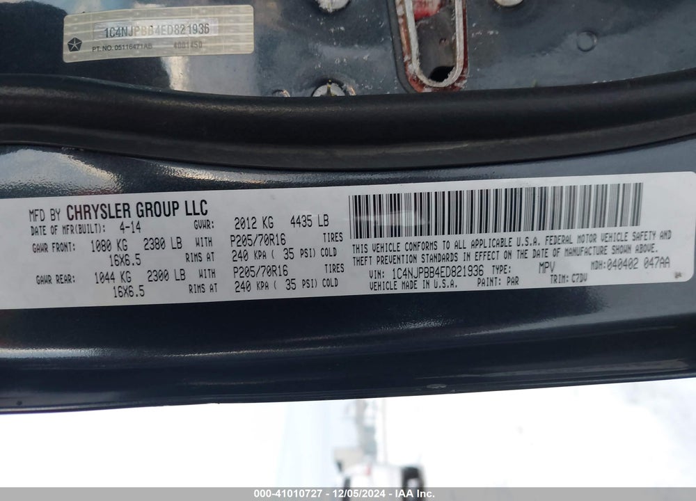 2014 JEEP PATRIOT SPORT VIN: 1C4NJPBB4ED821936