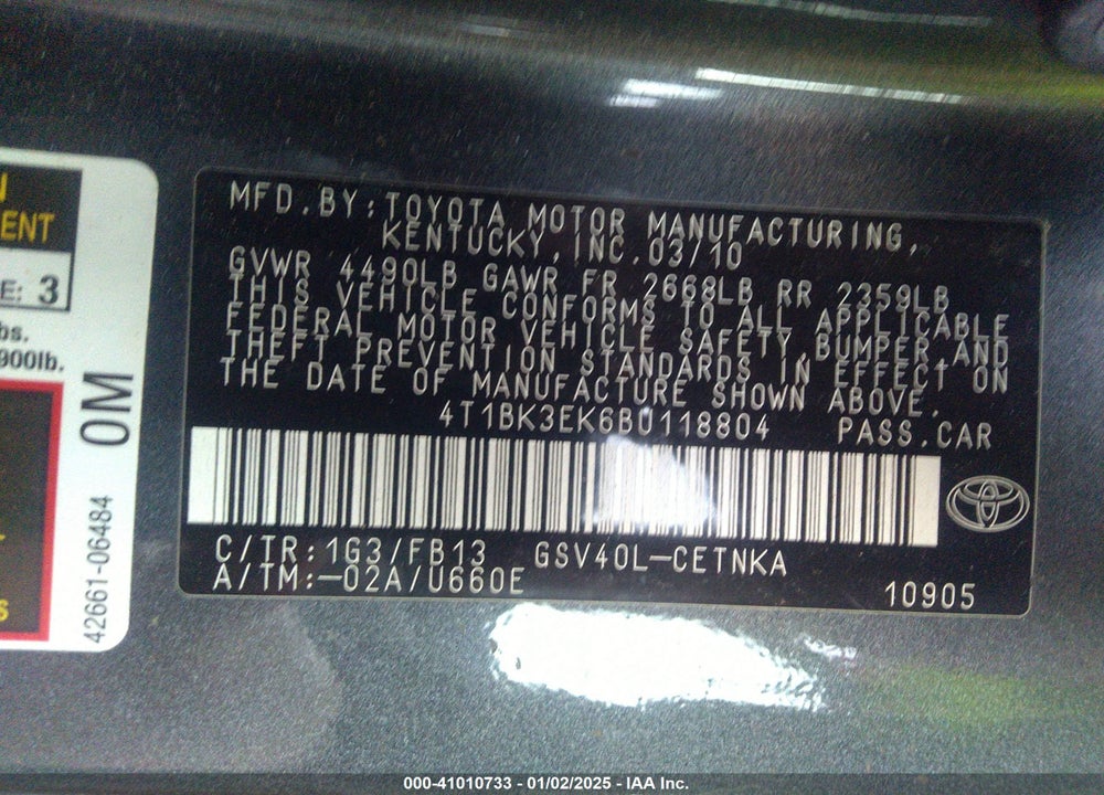 2011 TOYOTA CAMRY LE V6 VIN: 4T1BK3EK6BU118804